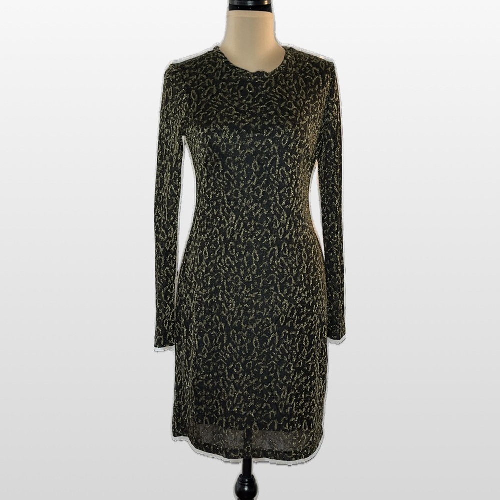 Boston Proper Black and Metallic Gold Leopard Print Dress